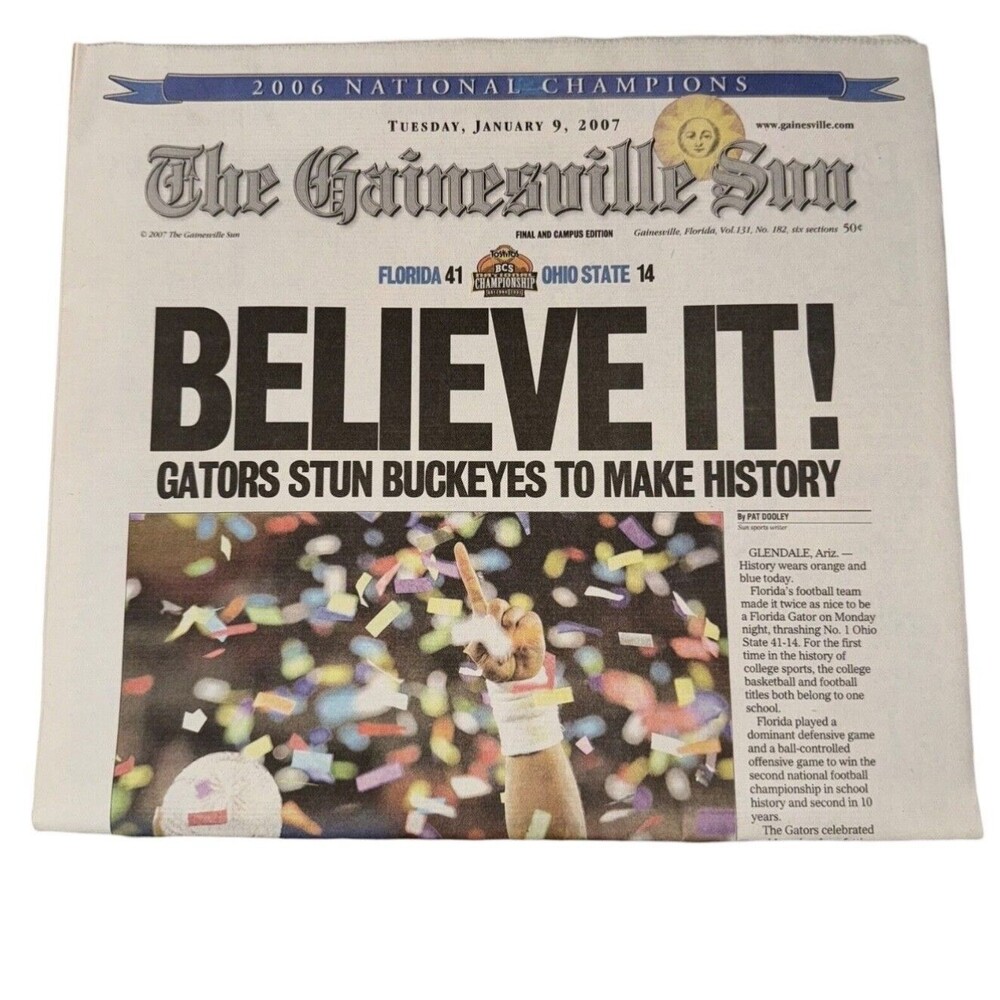 2007 UF Florida Gators Football National Championship Gainesville Sun Newspaper